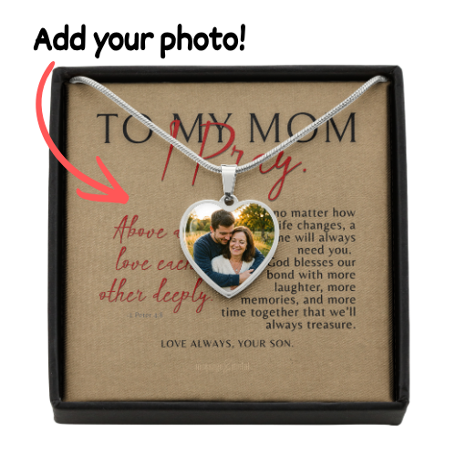 To My Mom, Personalized Heart Photo Necklace & Message Card, I Pray,